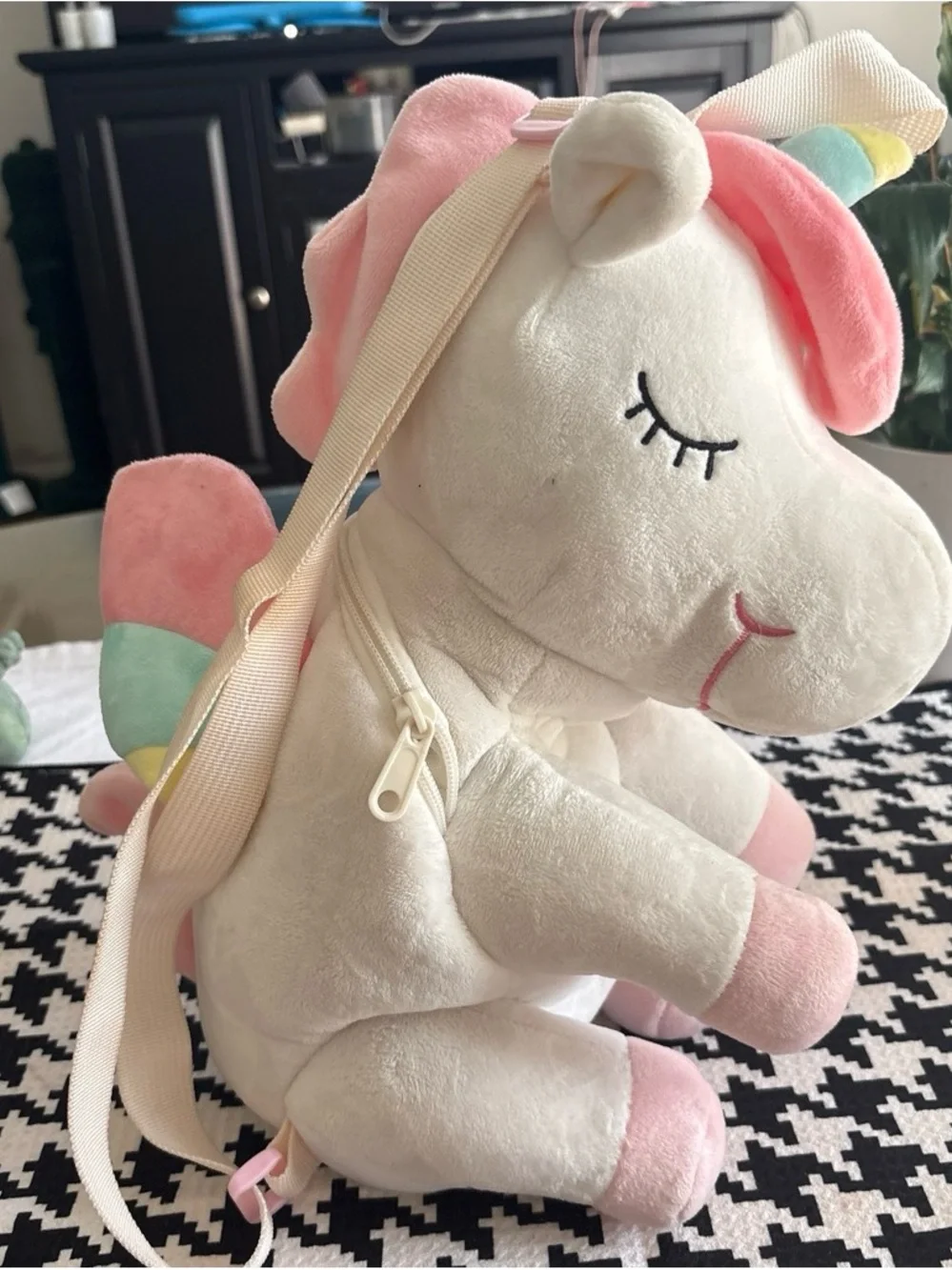 Cream & Pink Plush Unicorn Kids Backpack - Soft Pastel Design
